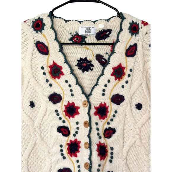 Alba Moda Wool Troylean VTG Floral Embroidered Cardigan Wood Buttons M Austrian - Picture 9 of 13